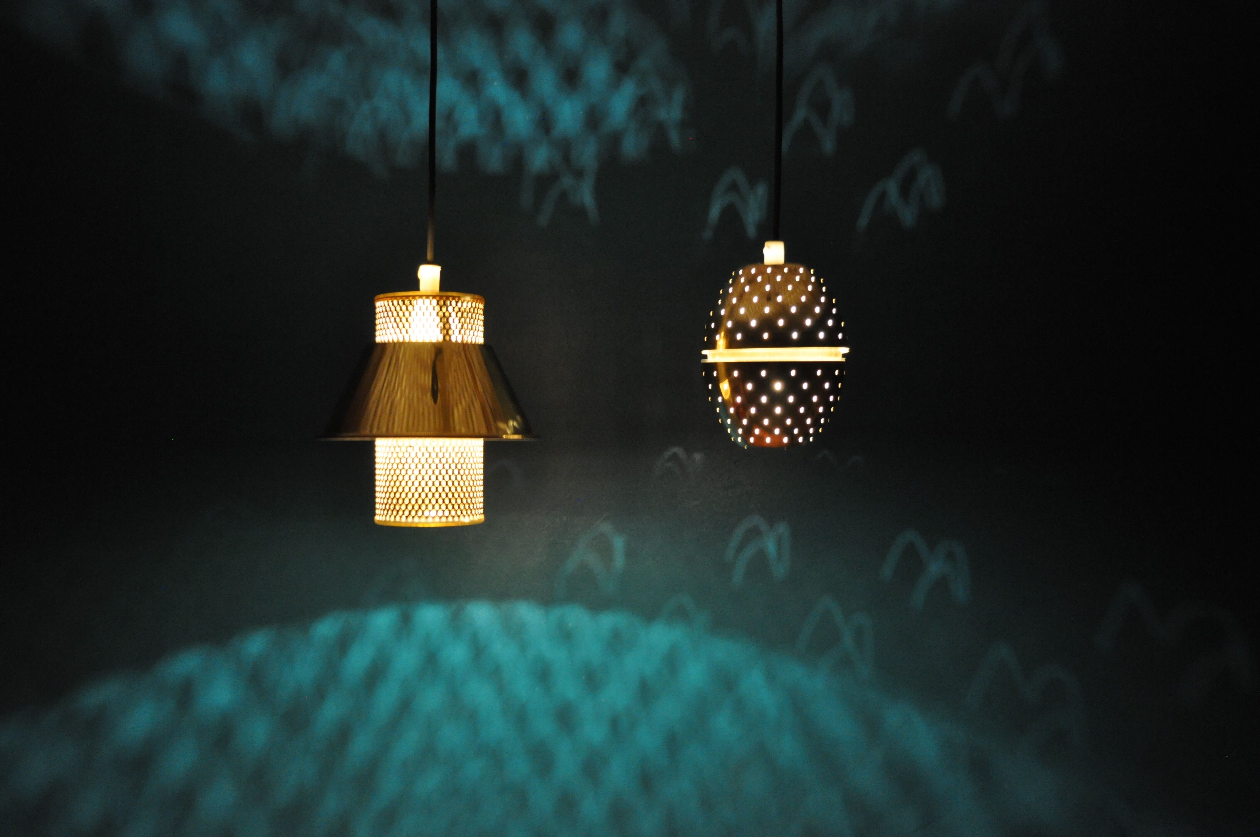 Pair of hanging lamps brass perforated Hans - Agne Jakobsson, 1960