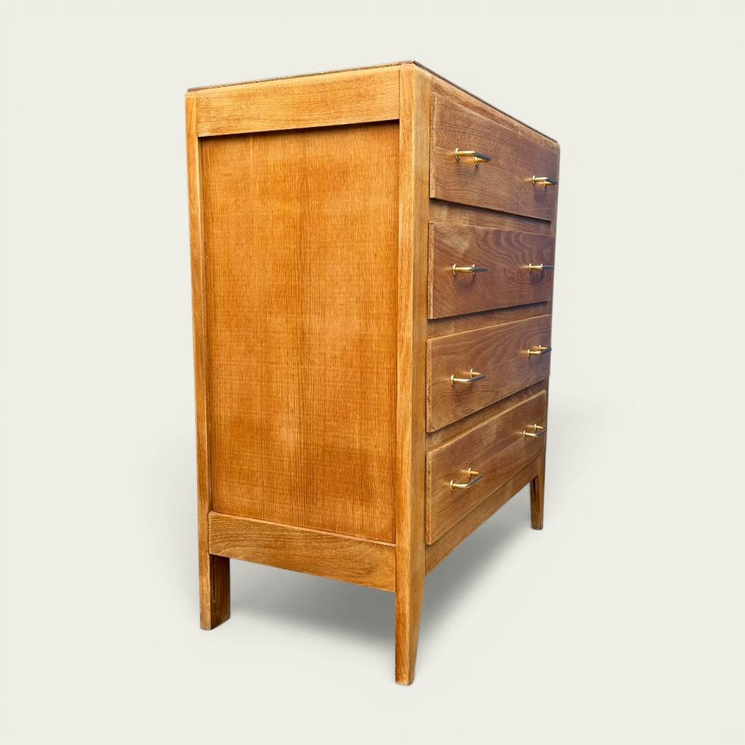 Vintage chest of drawers with tapered legs, solid raw oak, 1960.