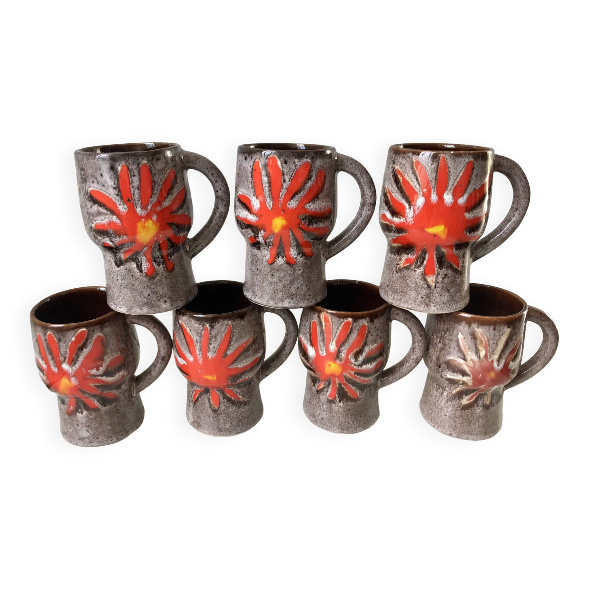 Set of 7 fat lava glazed ceramic mugs signed poët laval 70s