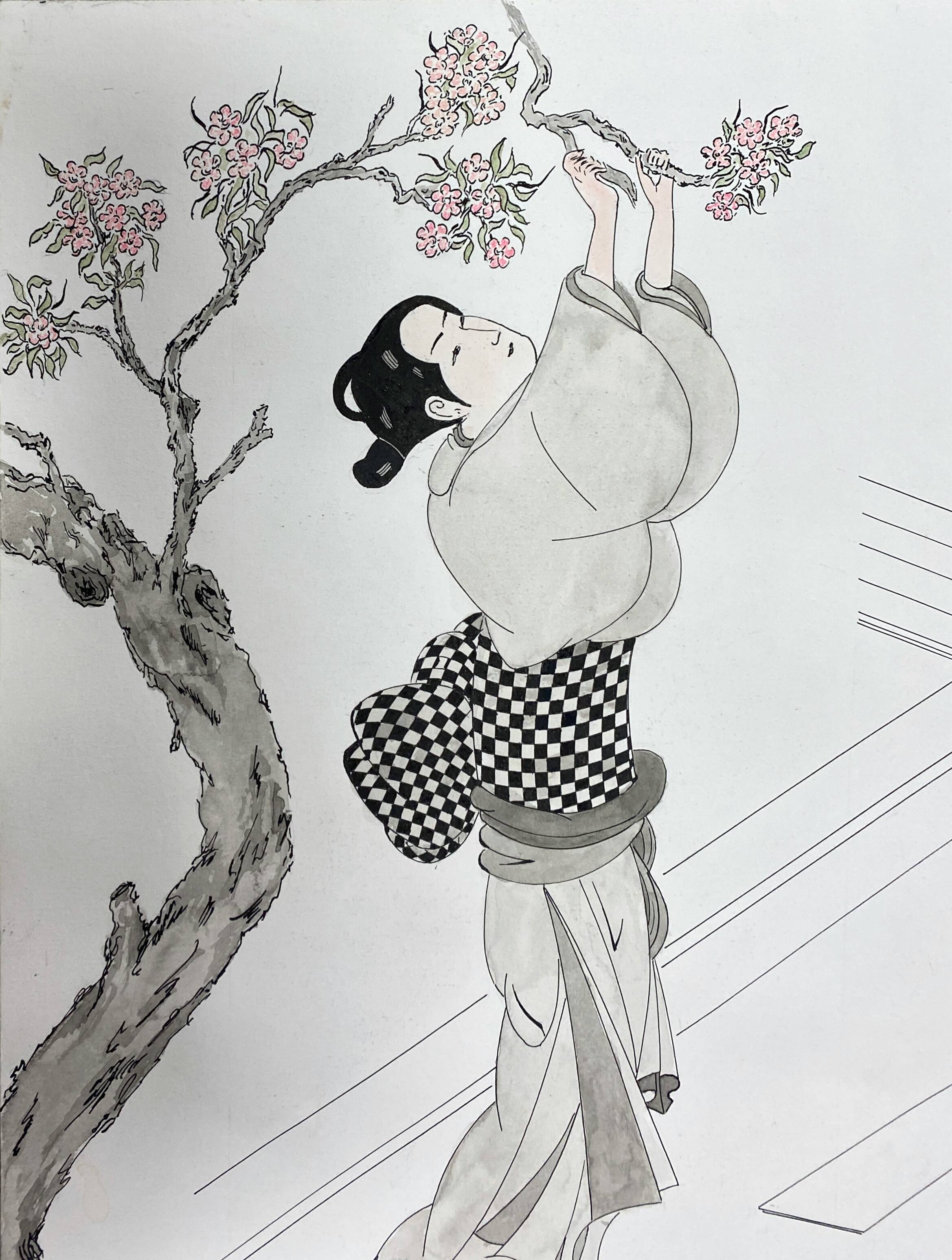 Original drawing painting ink and watercolor signed Asia