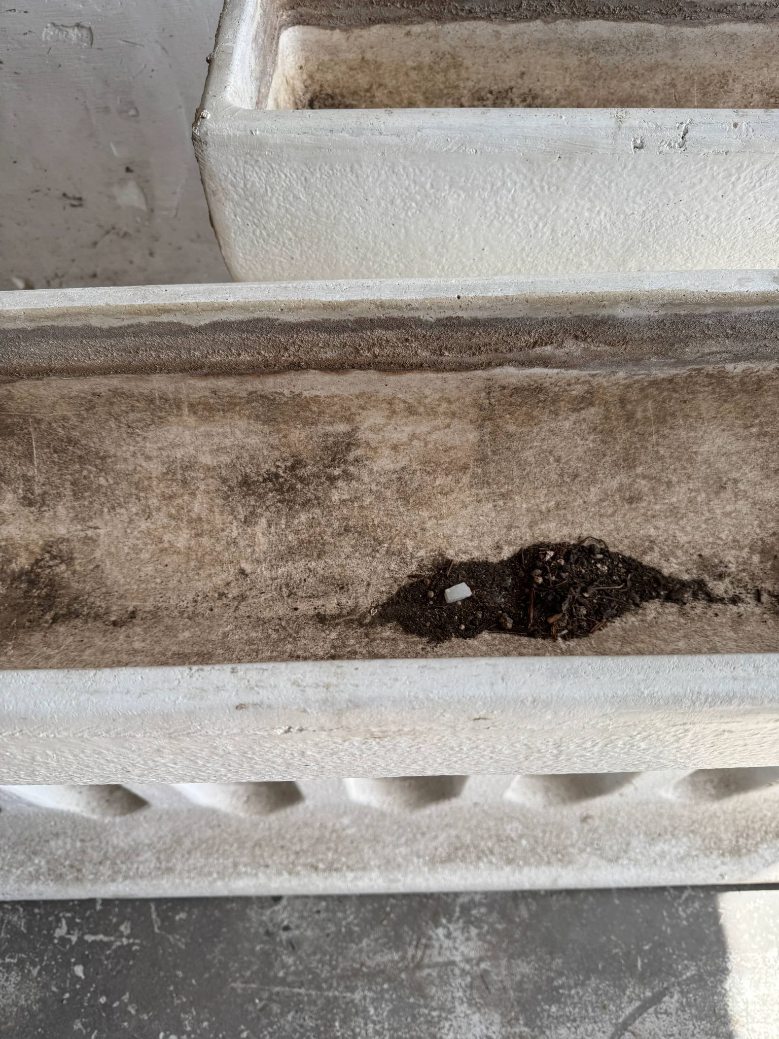 Paire de jardinières sculpturales en béton coulé Off-White, de style brutalisme du milieu du siècle, longues et rectangulaires.