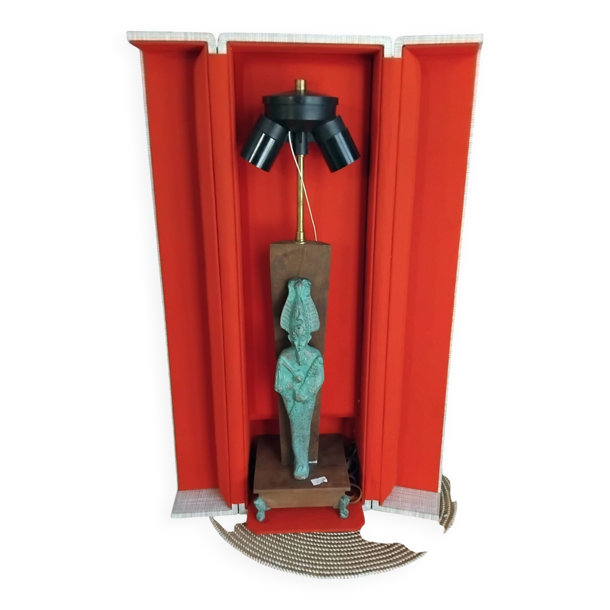 Lampe égyptienne osiris  bronze teck vintage  avec ecrin