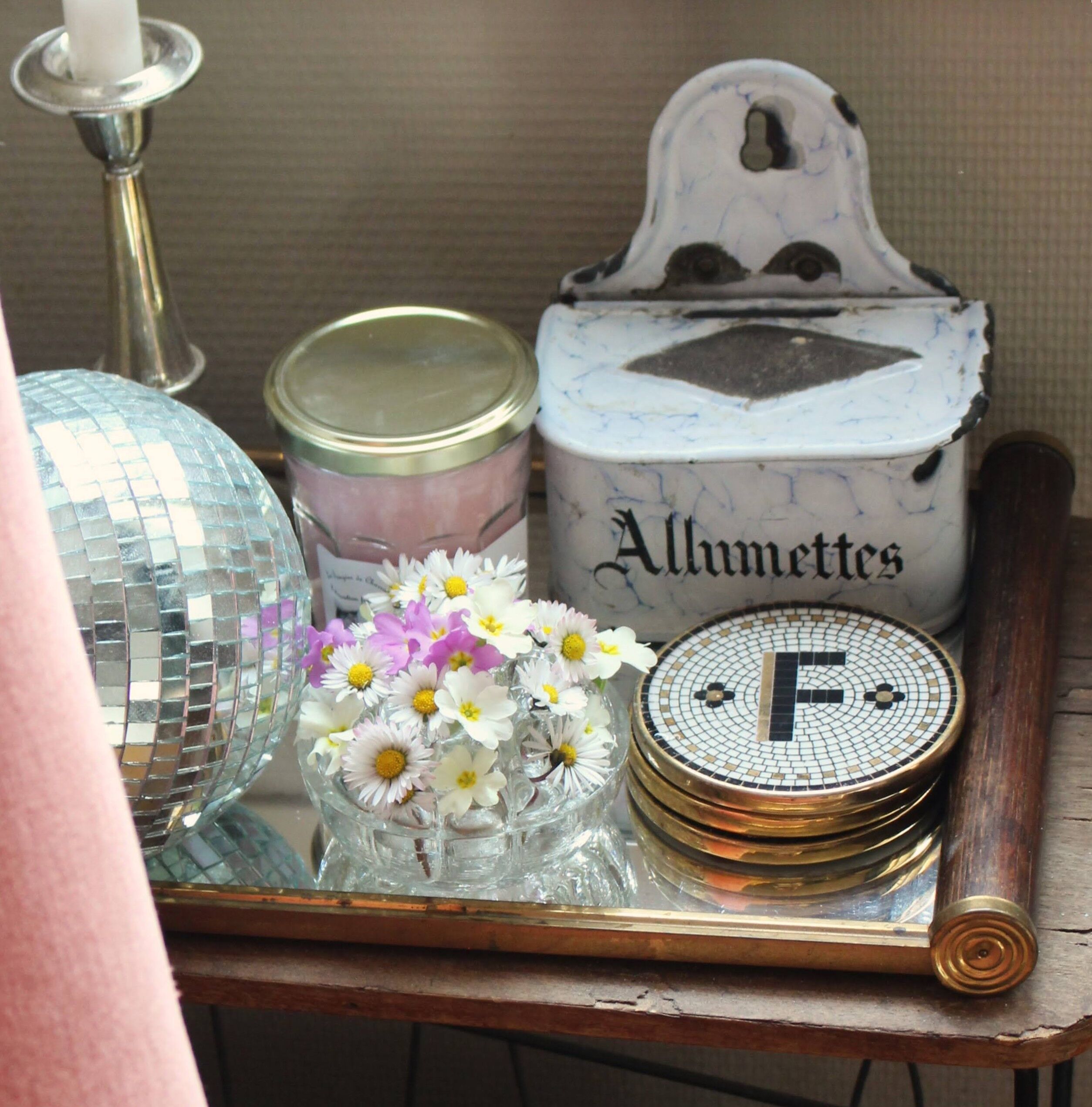 Rectangular mirror tray with wooden handles and gilding.