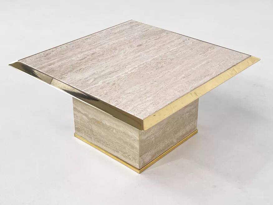 Square coffee table from the 70s in travertine and brass.