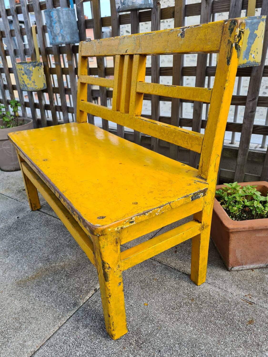 Yellow wooden school bench, 1960s