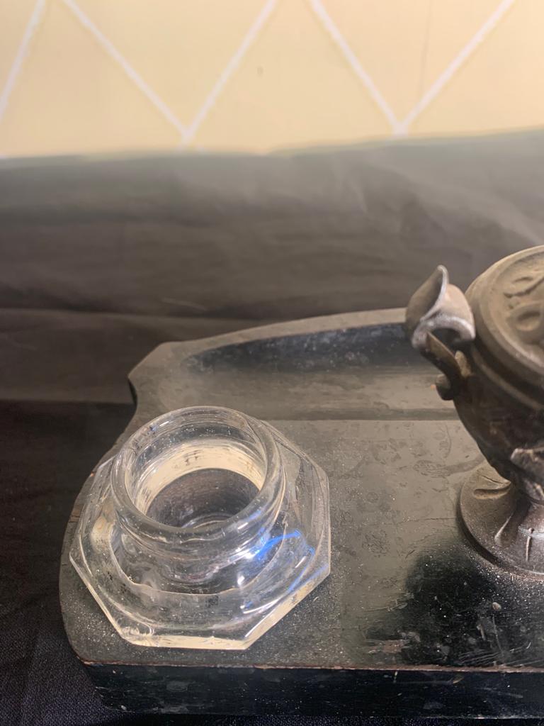 Bronze and wood inkwell