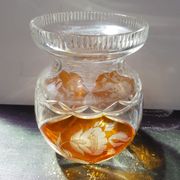Ancien Vase Cristal Taillé Transparent & Orange Décor Fleurs Vintage