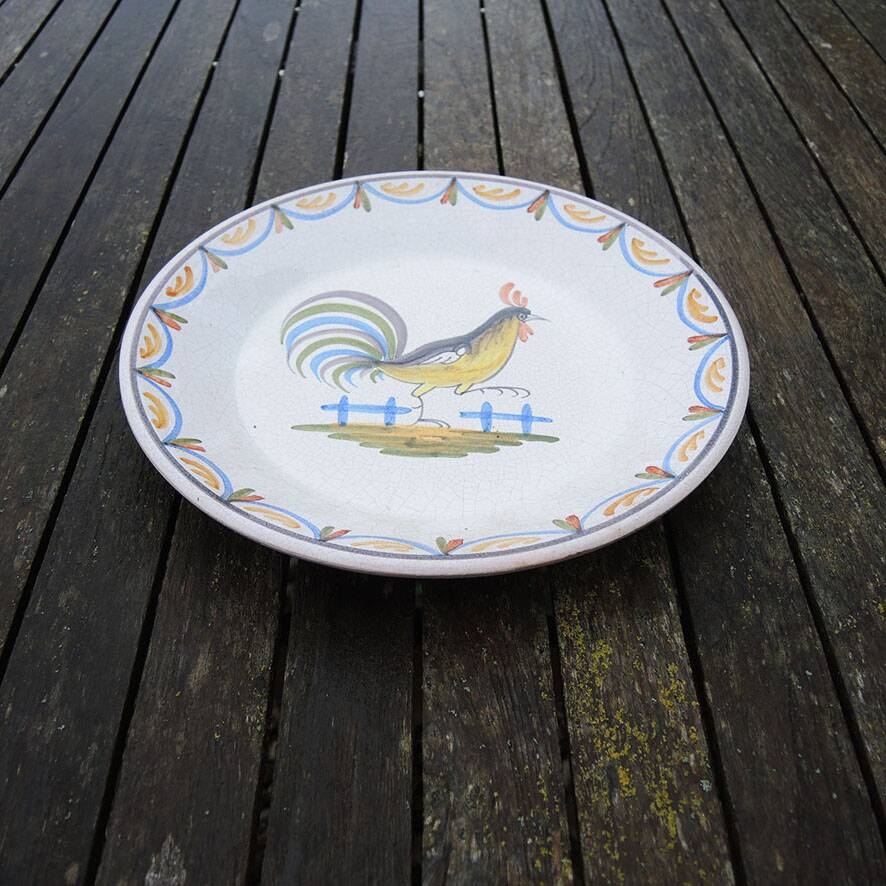 Old deep plate with rooster in Nevers ceramic