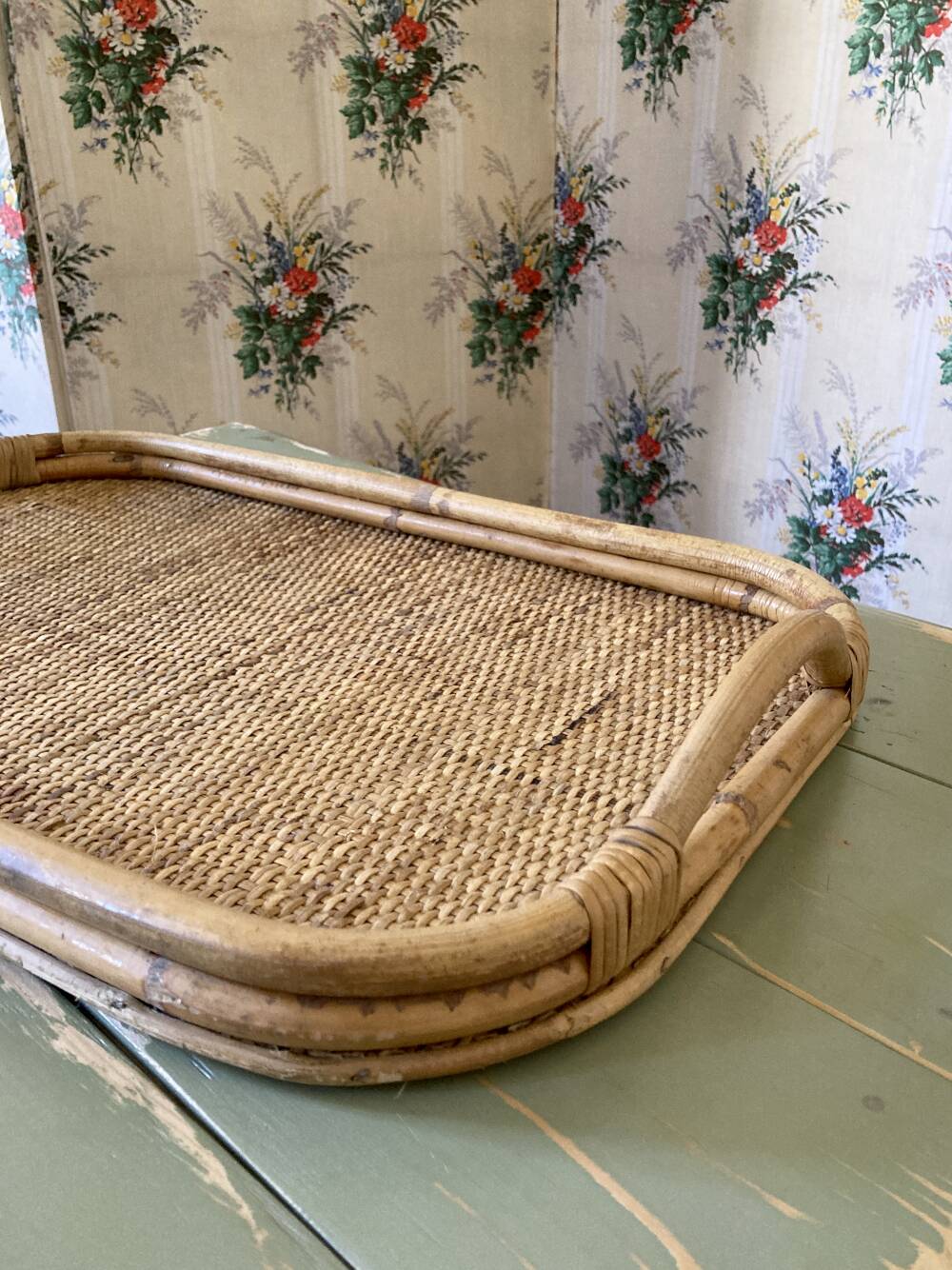 Vintage service tray in bamboo and rattan