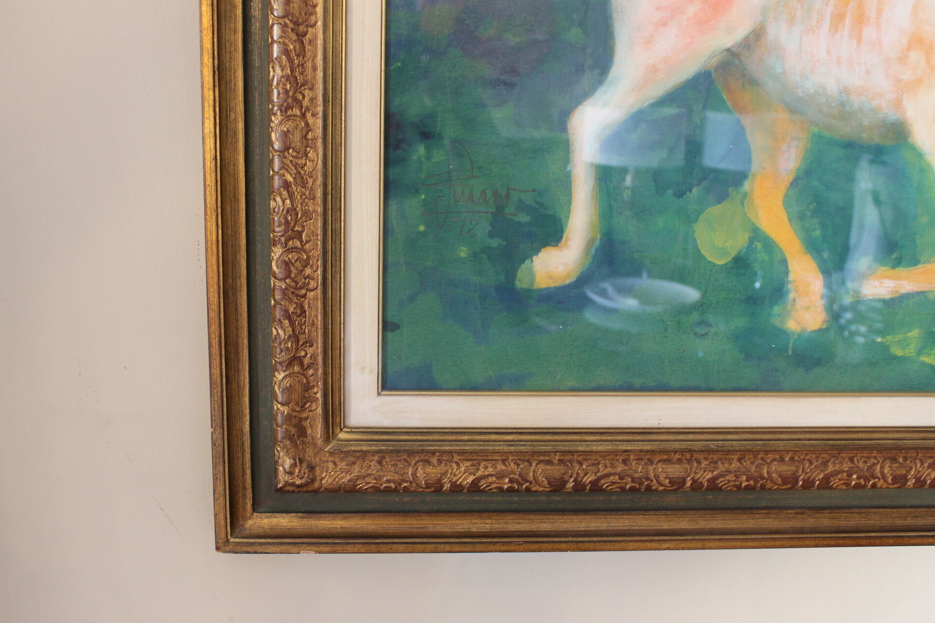 Framed painting representing horses, signed, XX th