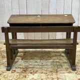 Early 20th century oak school desk with porcelain inkwells