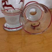 Glasses and carafe decorated with red Christmas reindeer and white granita 60's