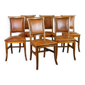 Set of six sheep leather dining chairs with a light wooden frame