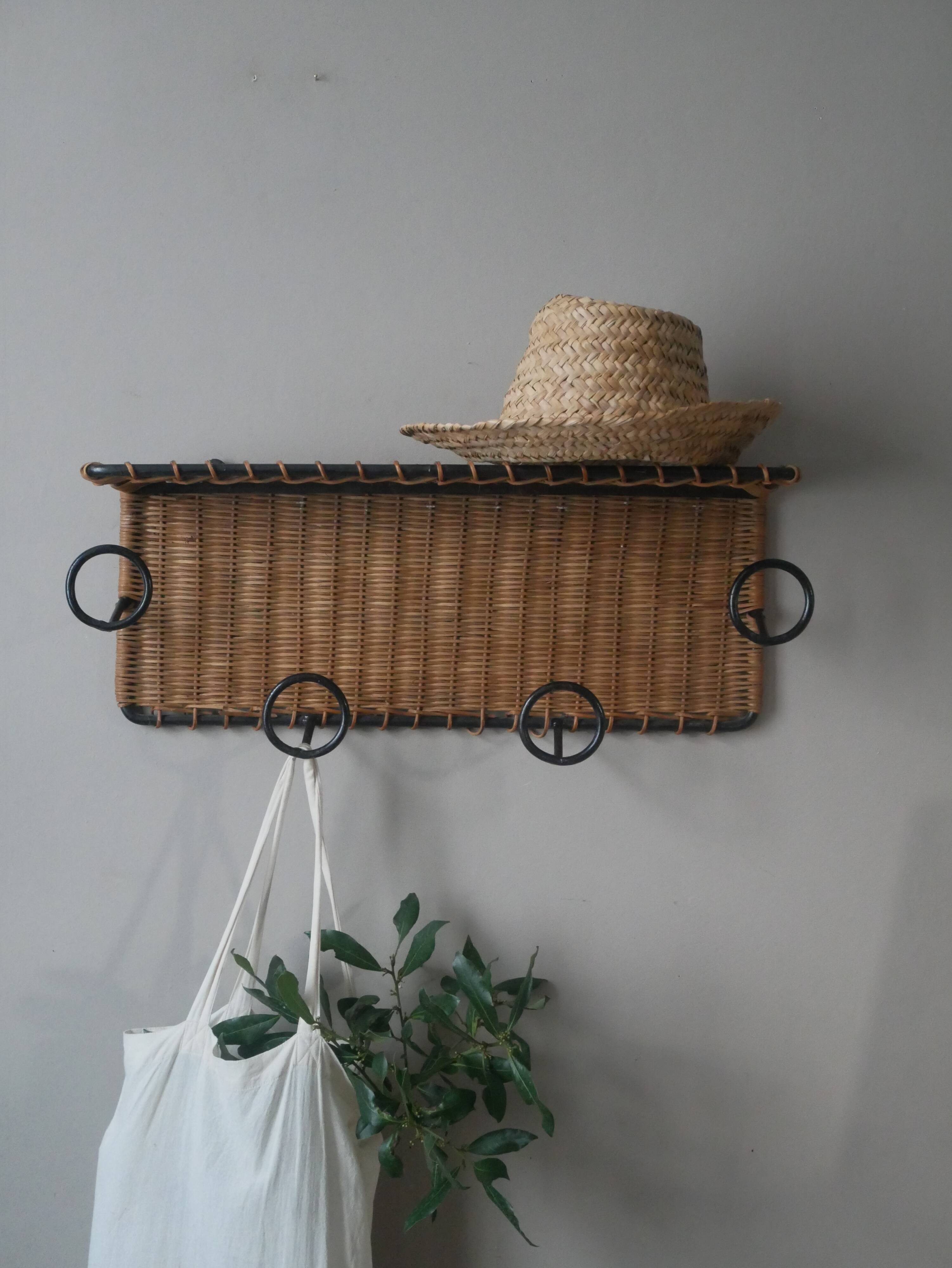 Coat rack cloakroom metal wrought iron wicker rattan handcrafted wall unit storage