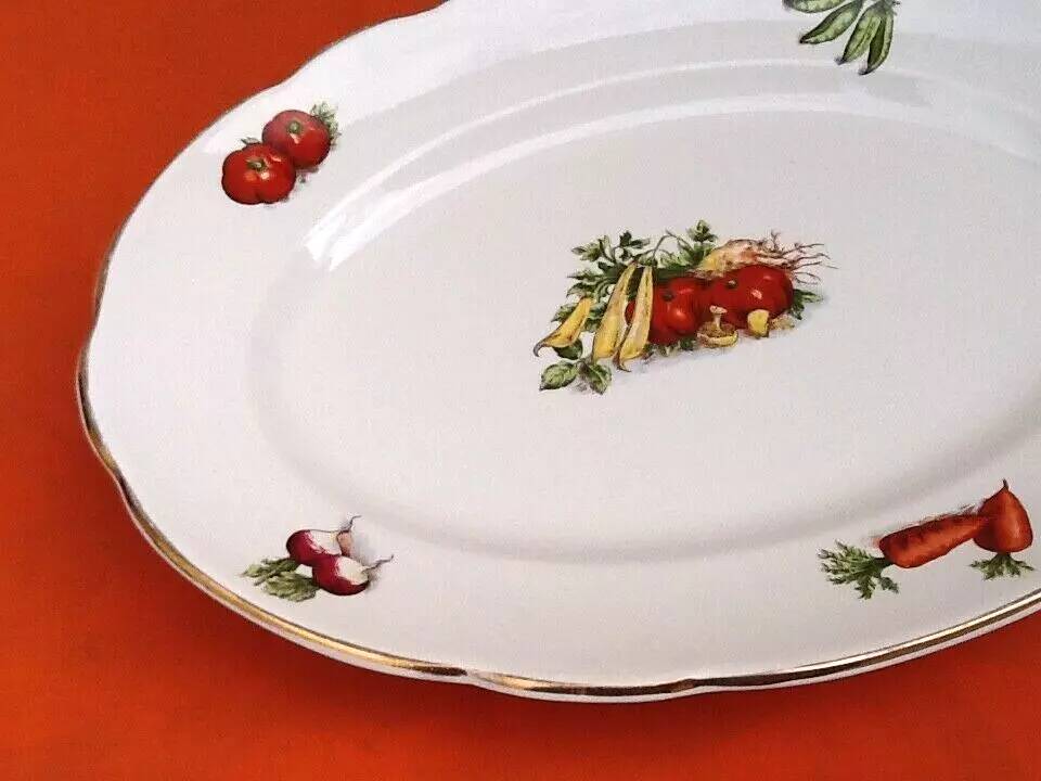1950s Oval Earthenware Serving Platter with Vegetable Decor