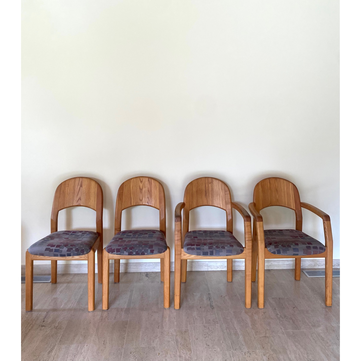 Set of solid wood armchairs and chairs by Dylund, 1970