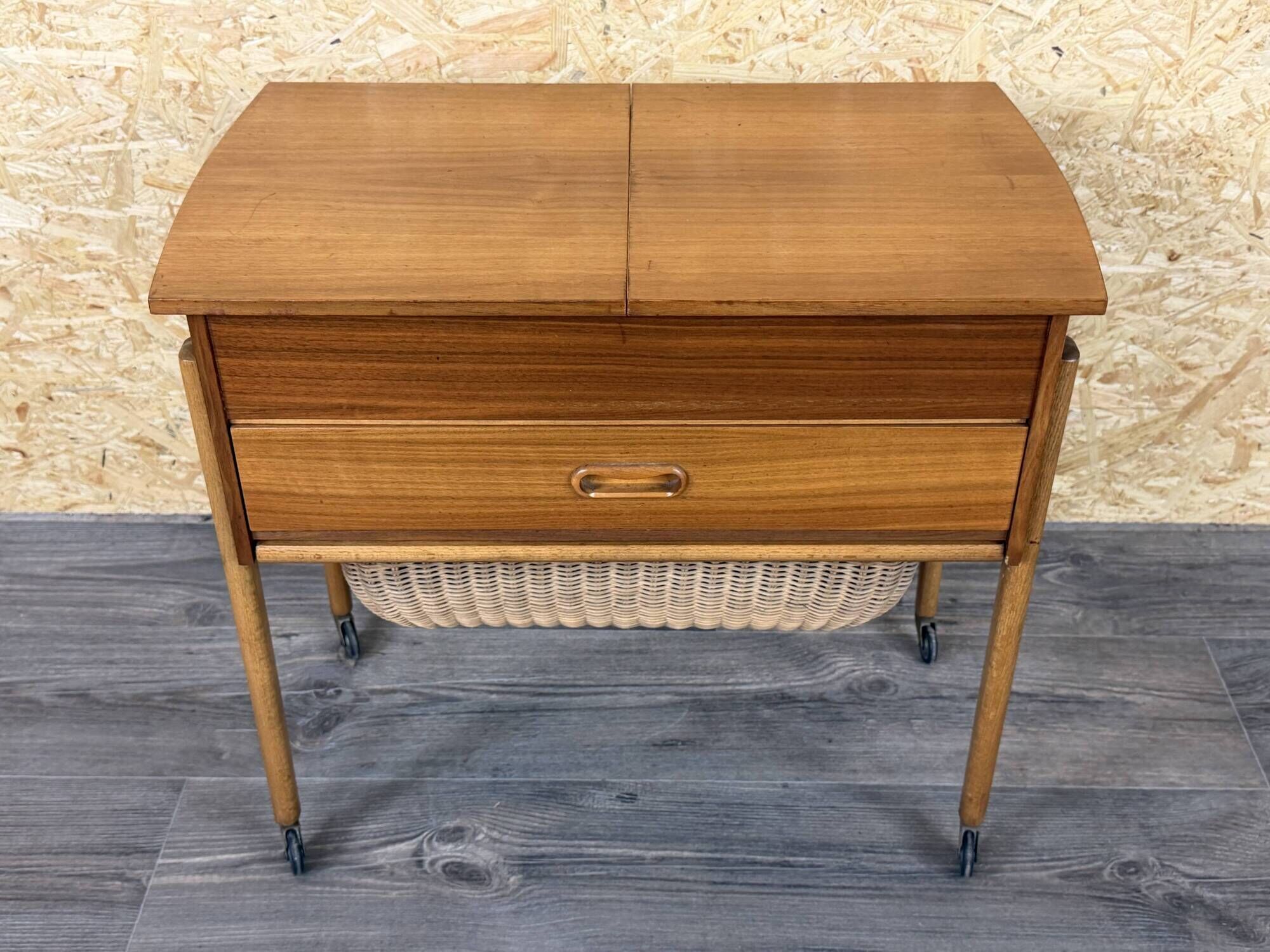 1960s 1970s Teak Sewing Box Sewing Table Utensil Holder with Basket