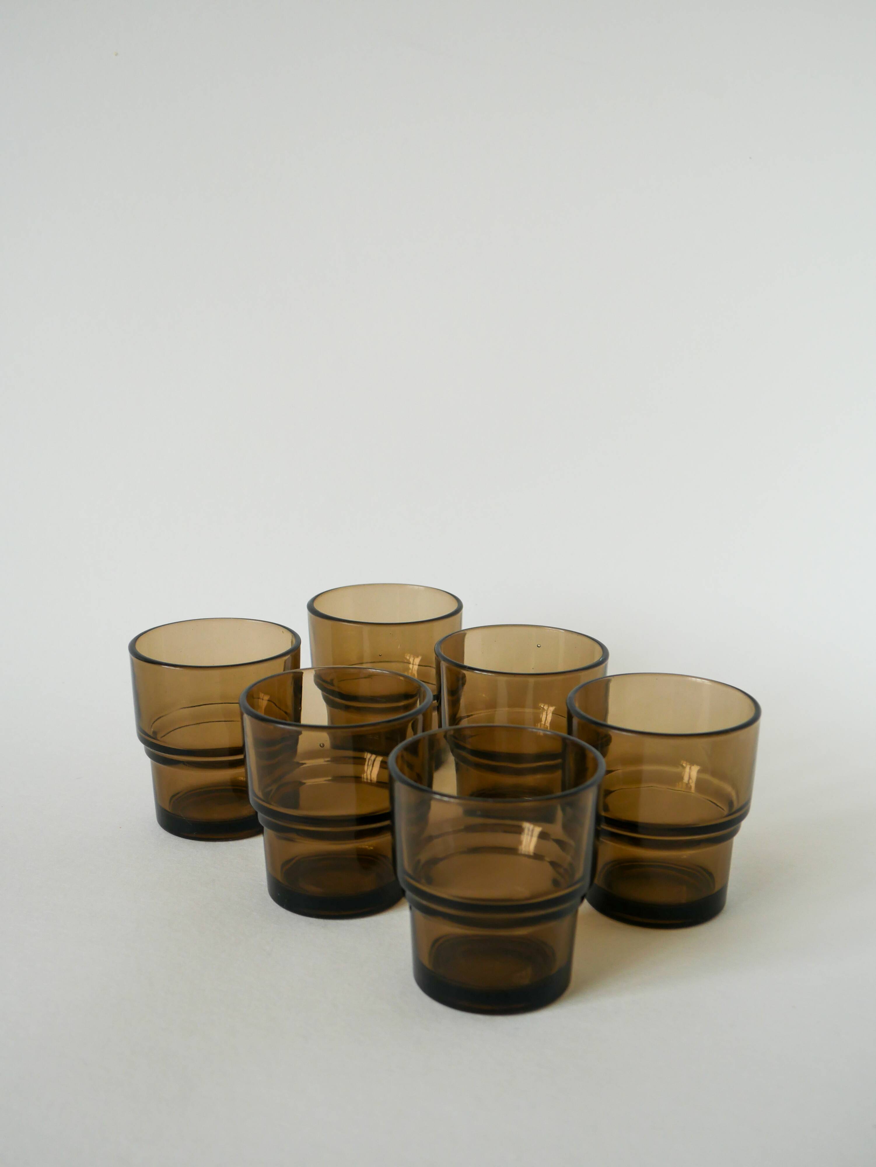 Set of 6 smoked glass water glasses, Design, 1970