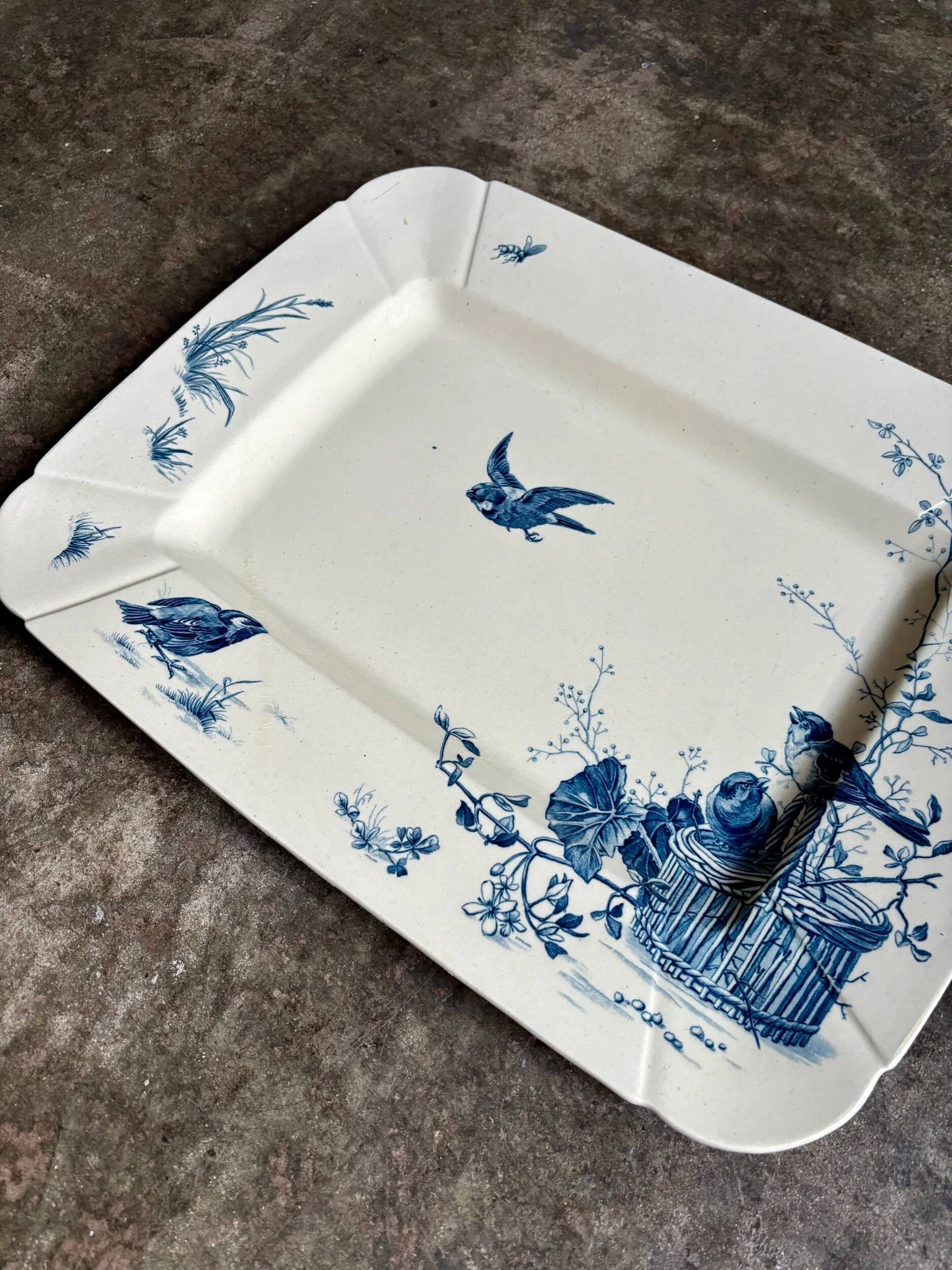 Large rectangular Gien dish in blue ironstone, "Birds" service circa 1870.