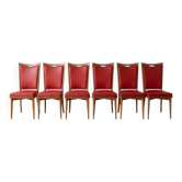 Set of 6 vintage wooden chairs with red faux leather in retro style.