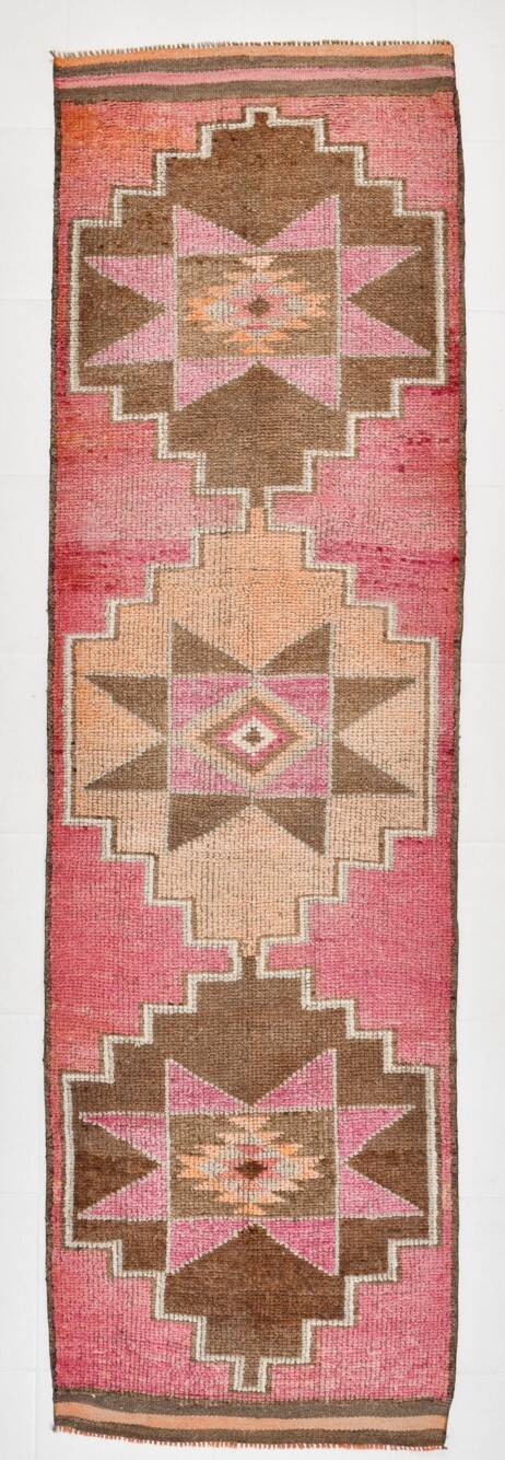 3x11 Pink and Brown Rare Colors Runner Rug, Wool Kilim Rug, 94x320Cm