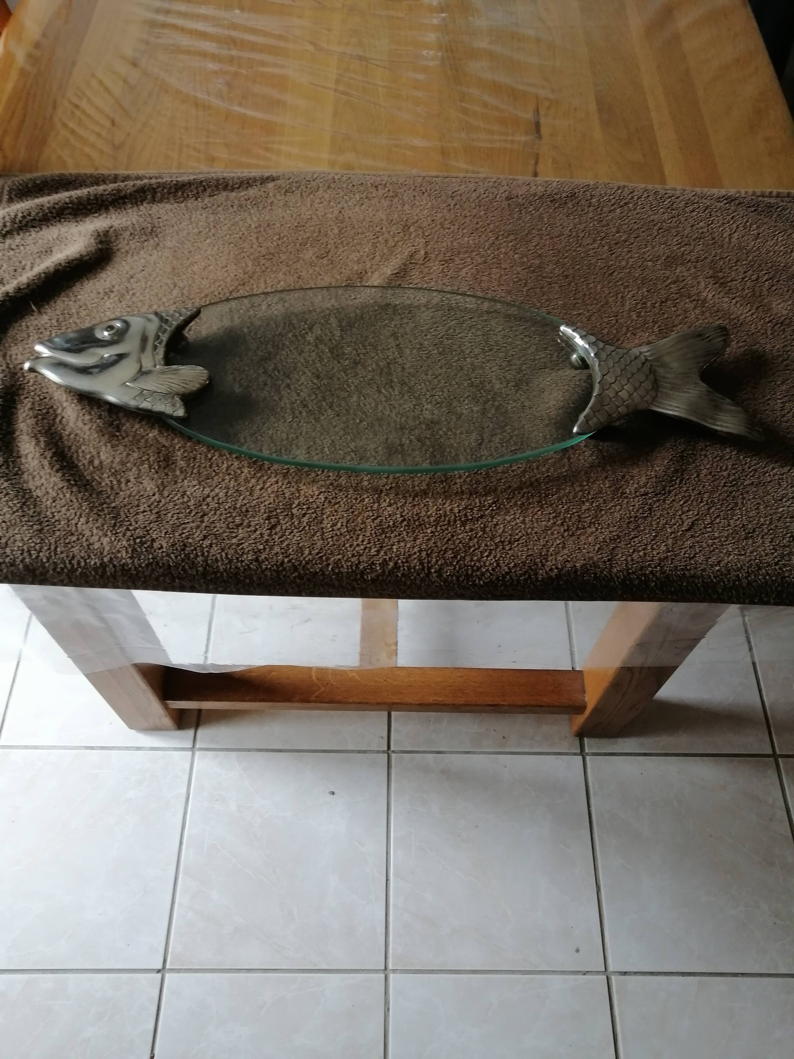 Serving plate for salmon fish dish silver plate and thick glass tray