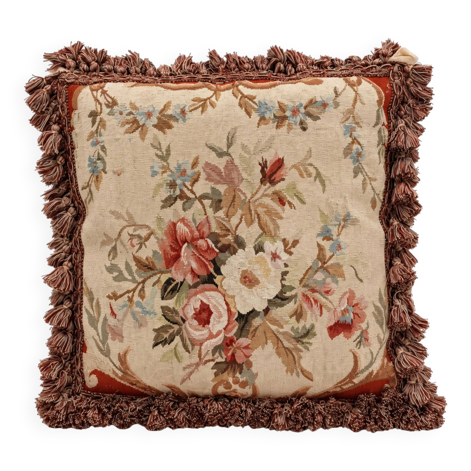 French Style Cushion Cover Handwoven Aubusson Tapestry Floral Rose Bouquet