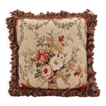 French Style Cushion Cover Handwoven Aubusson Tapestry Floral Rose Bouquet
