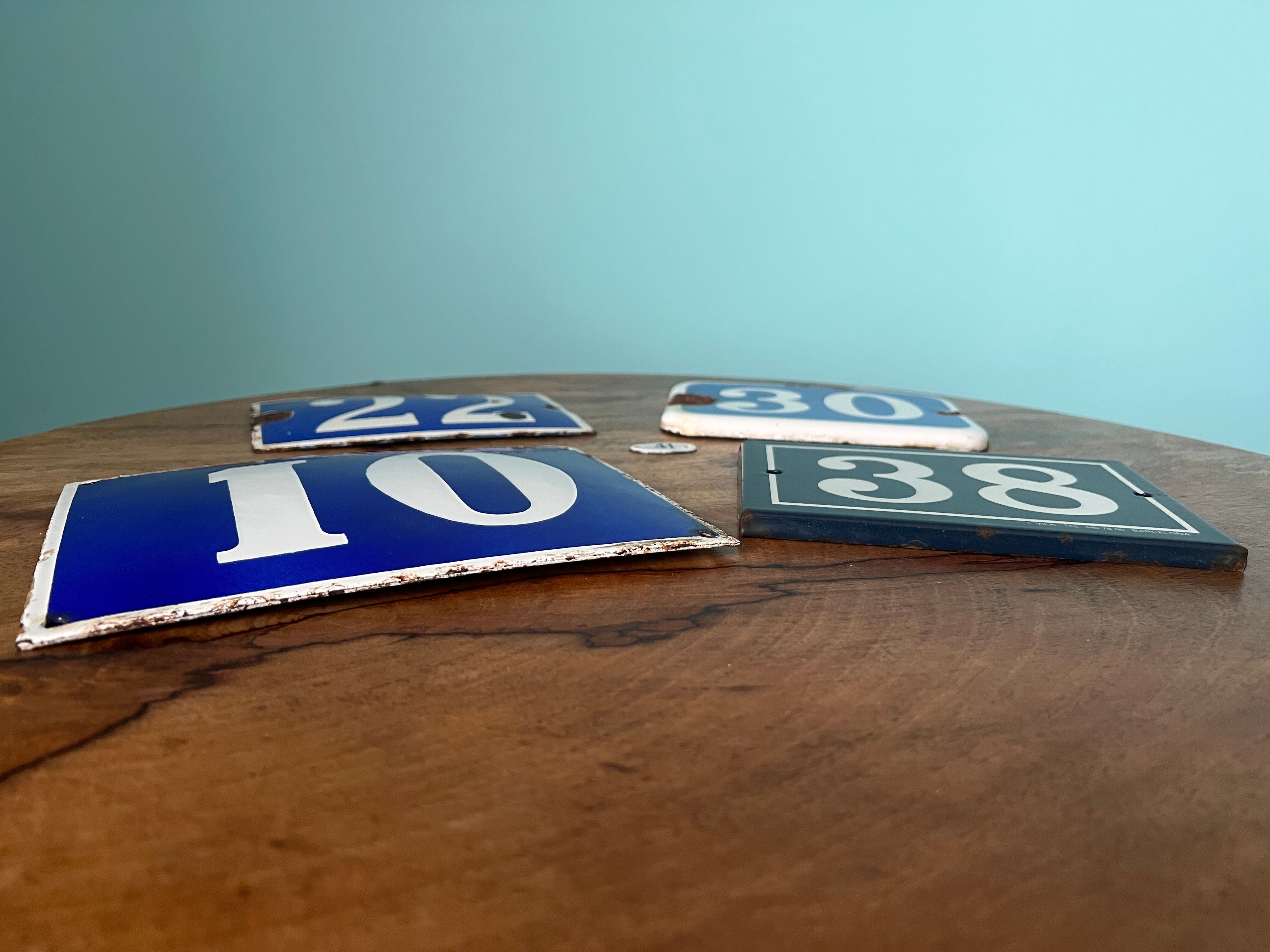 Enameled metal license plates, antique house numbers for retro decor