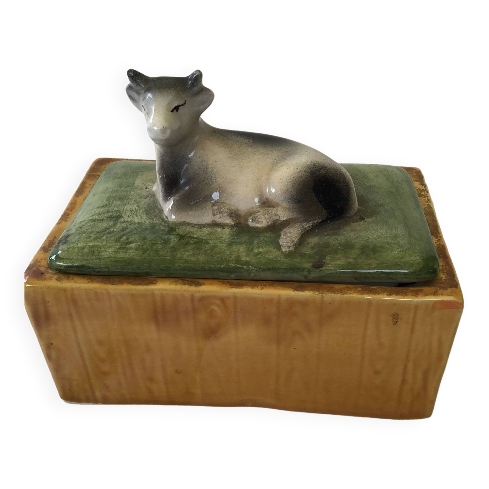 Rectangular butter dish with slip cow