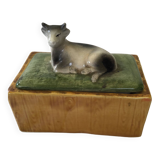 Rectangular butter dish with slip cow