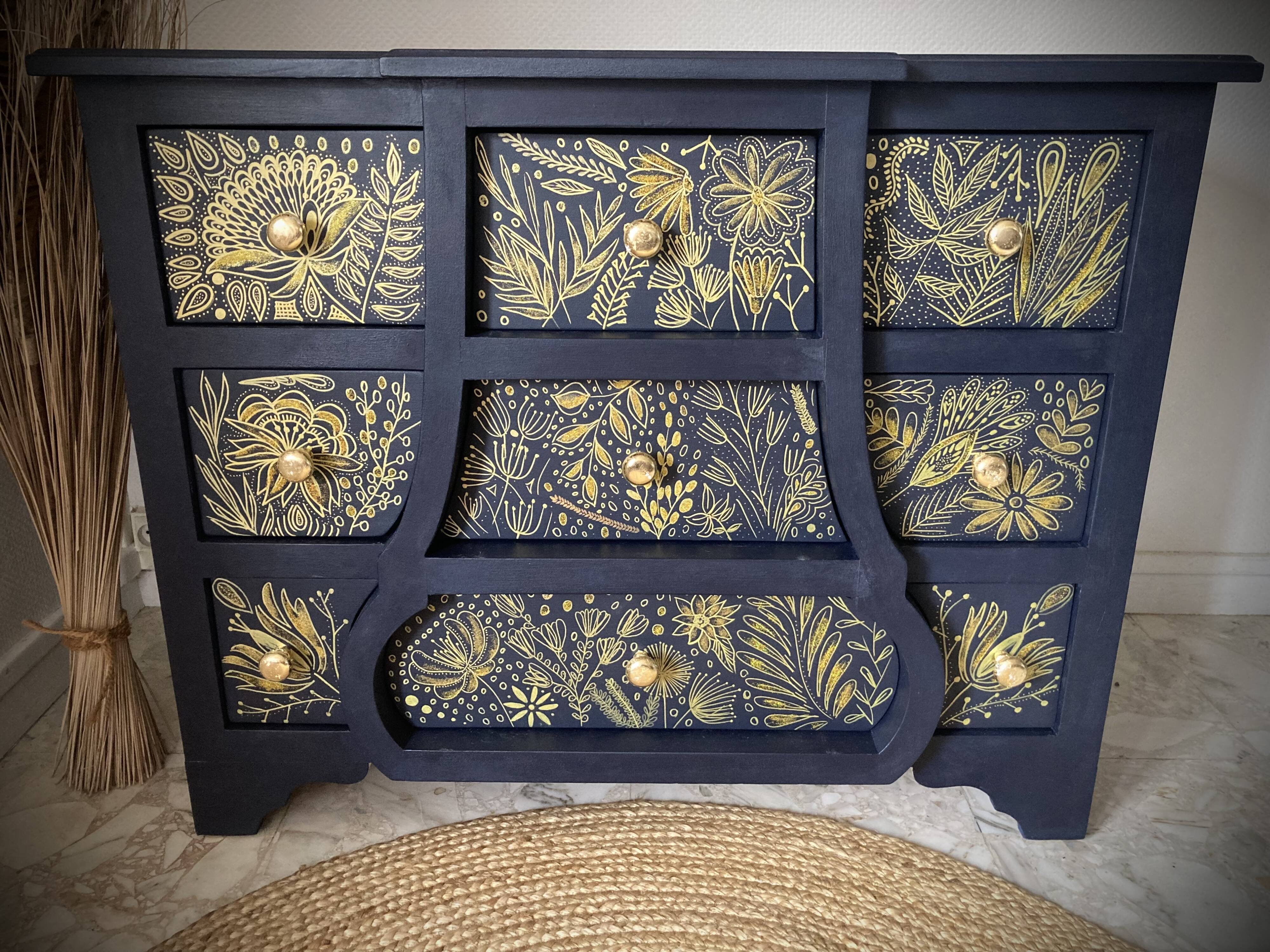 Atypical blue chest of drawers, hand-painted golden patterns