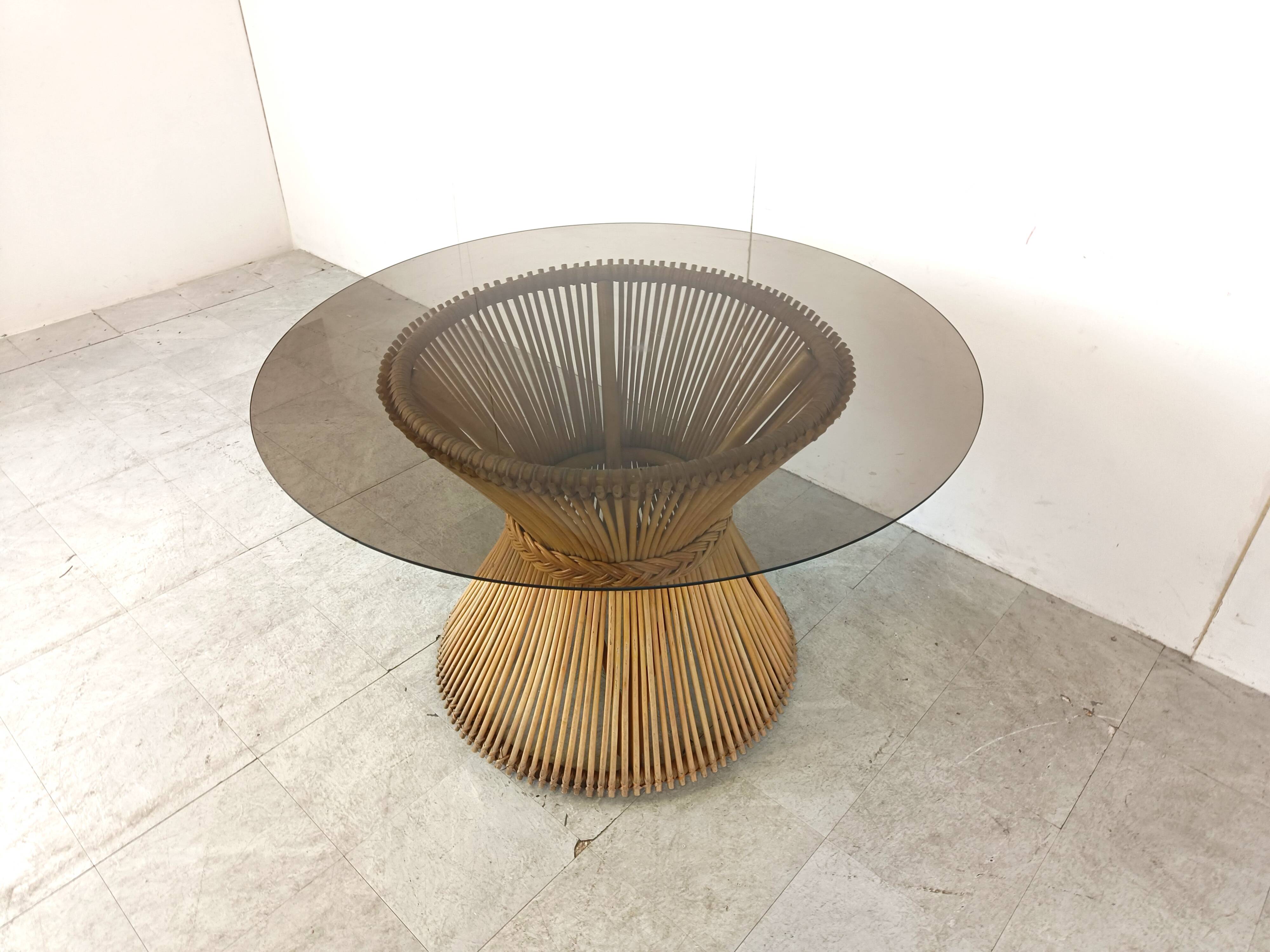 Vintage bamboo and smoked glass dining table, 1980s