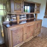 Buffet 2 corps en noyer vintage 1958 5 portes miroirs et vitrine