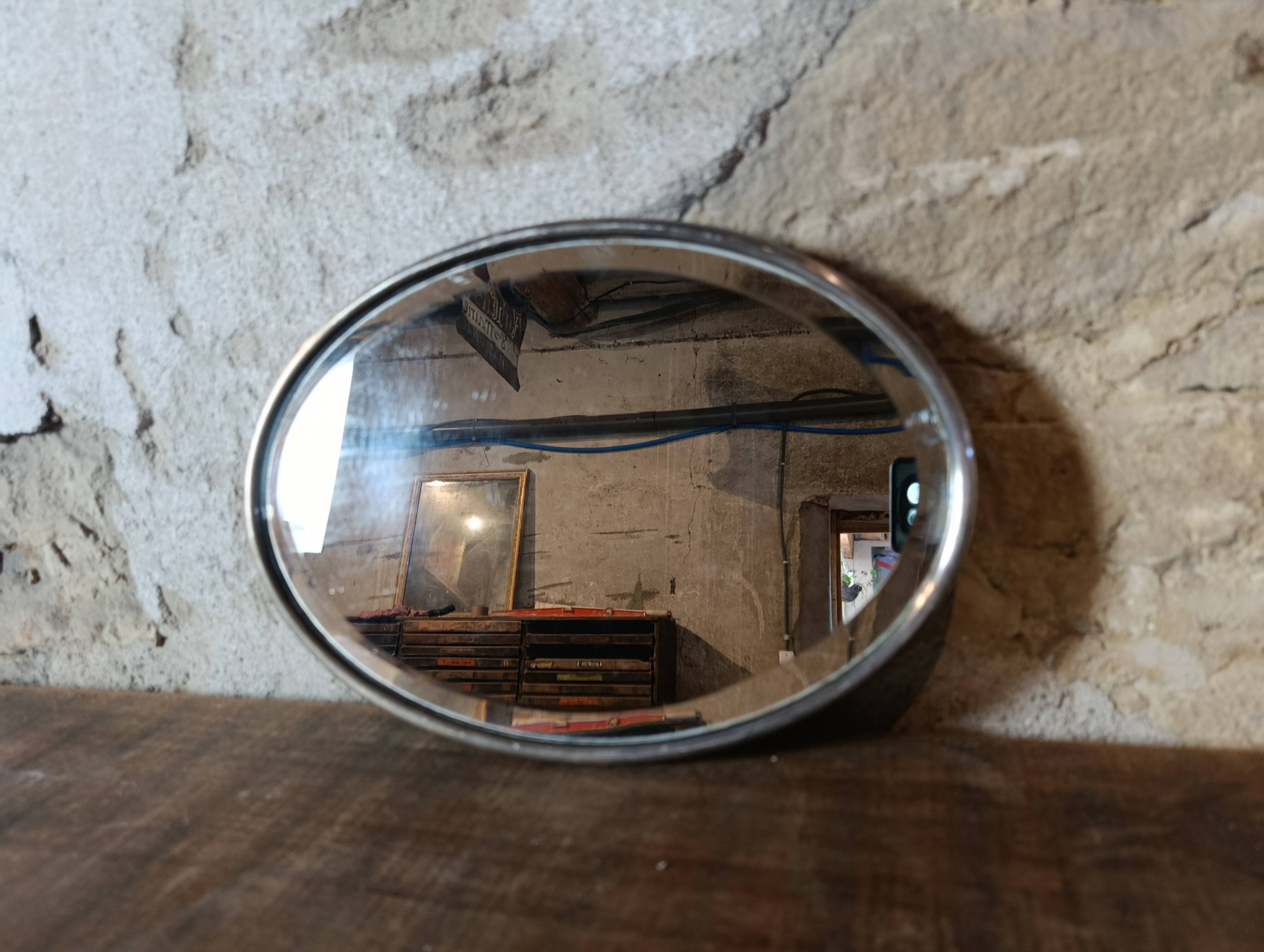 French vintage oval mirror with beveled glass and metal frame