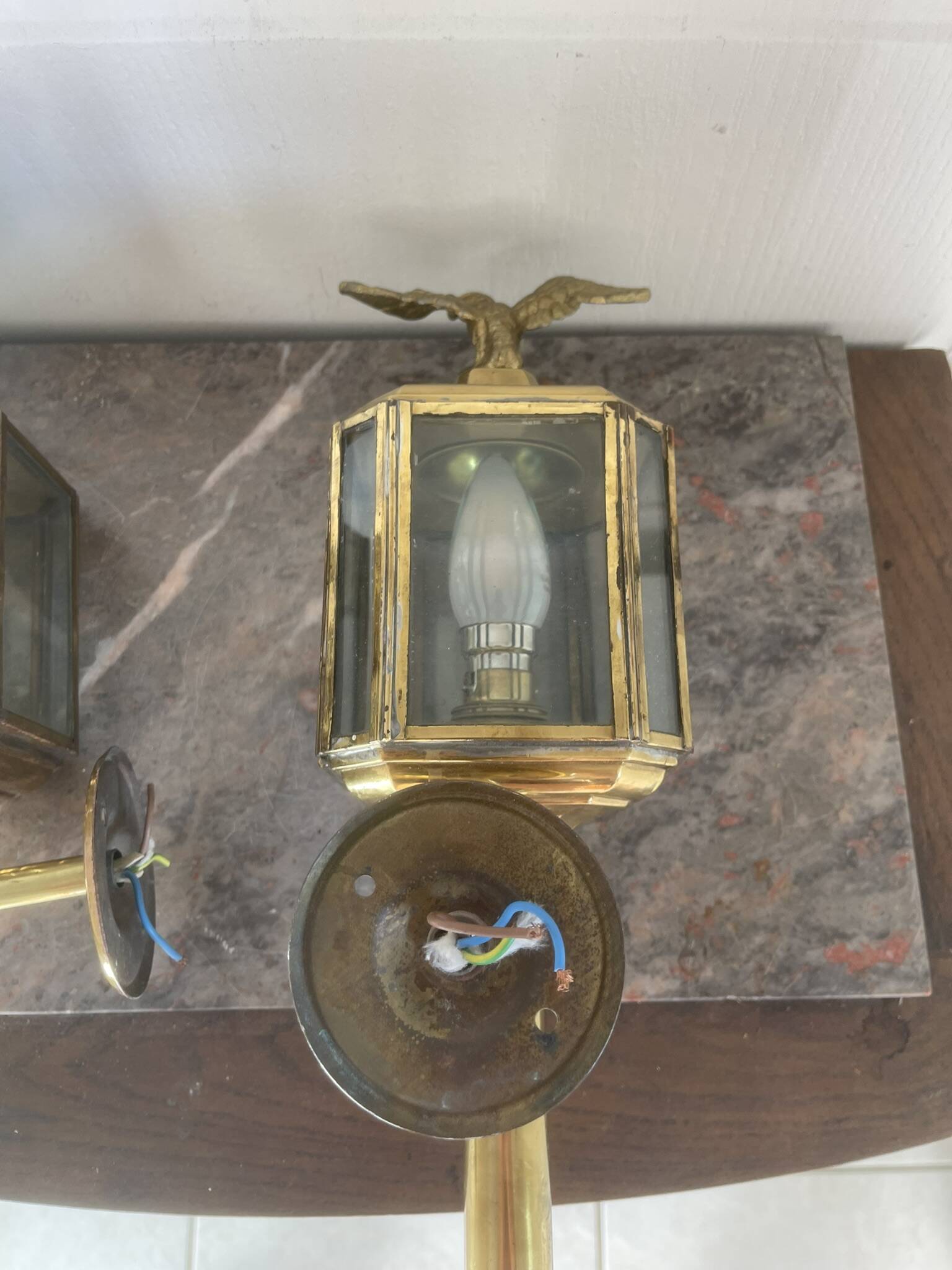 Old Pair of Gilded Brass Wall Lights in Carriage Lantern Eagle Empire Style