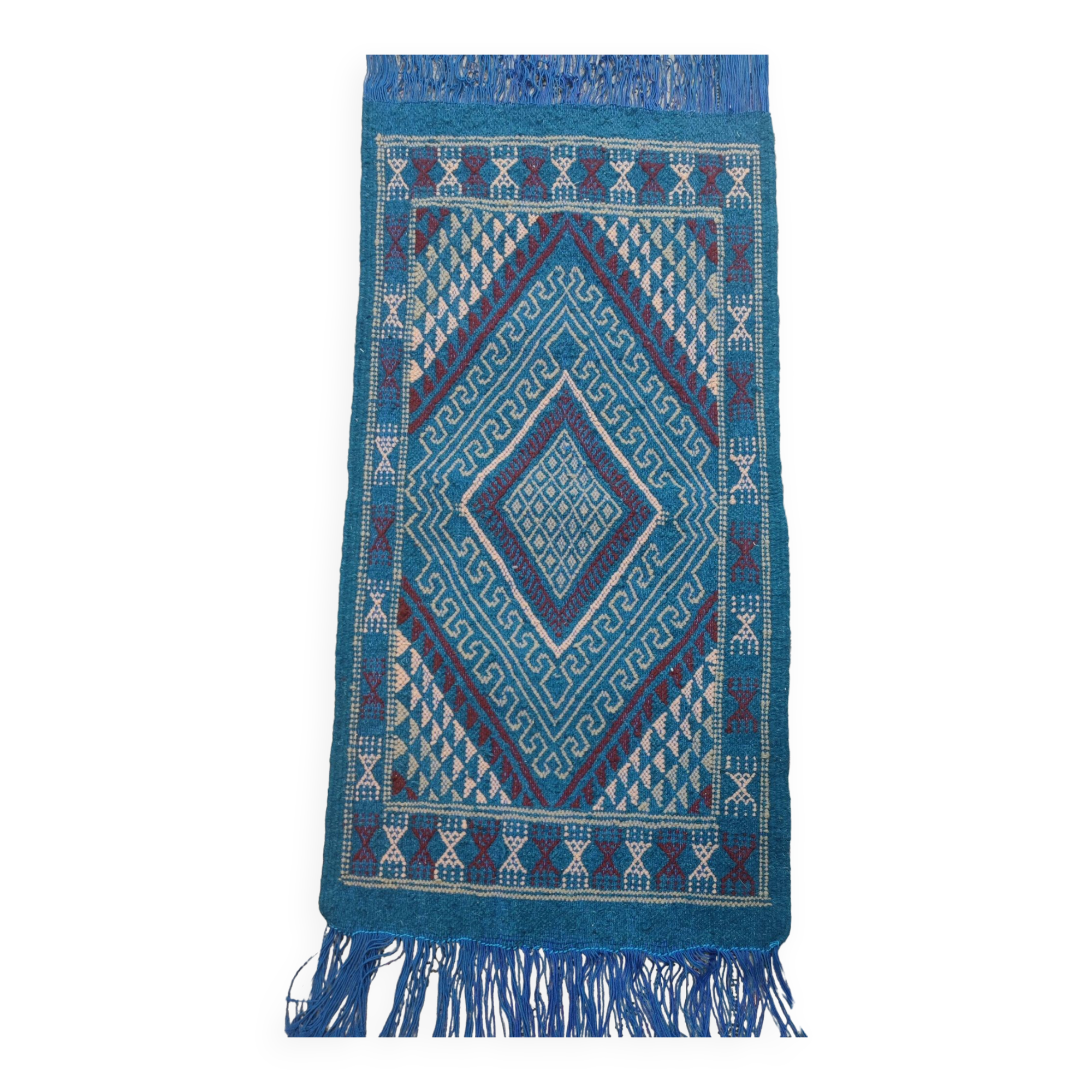 Handmade blue mergoum rug in natural wool