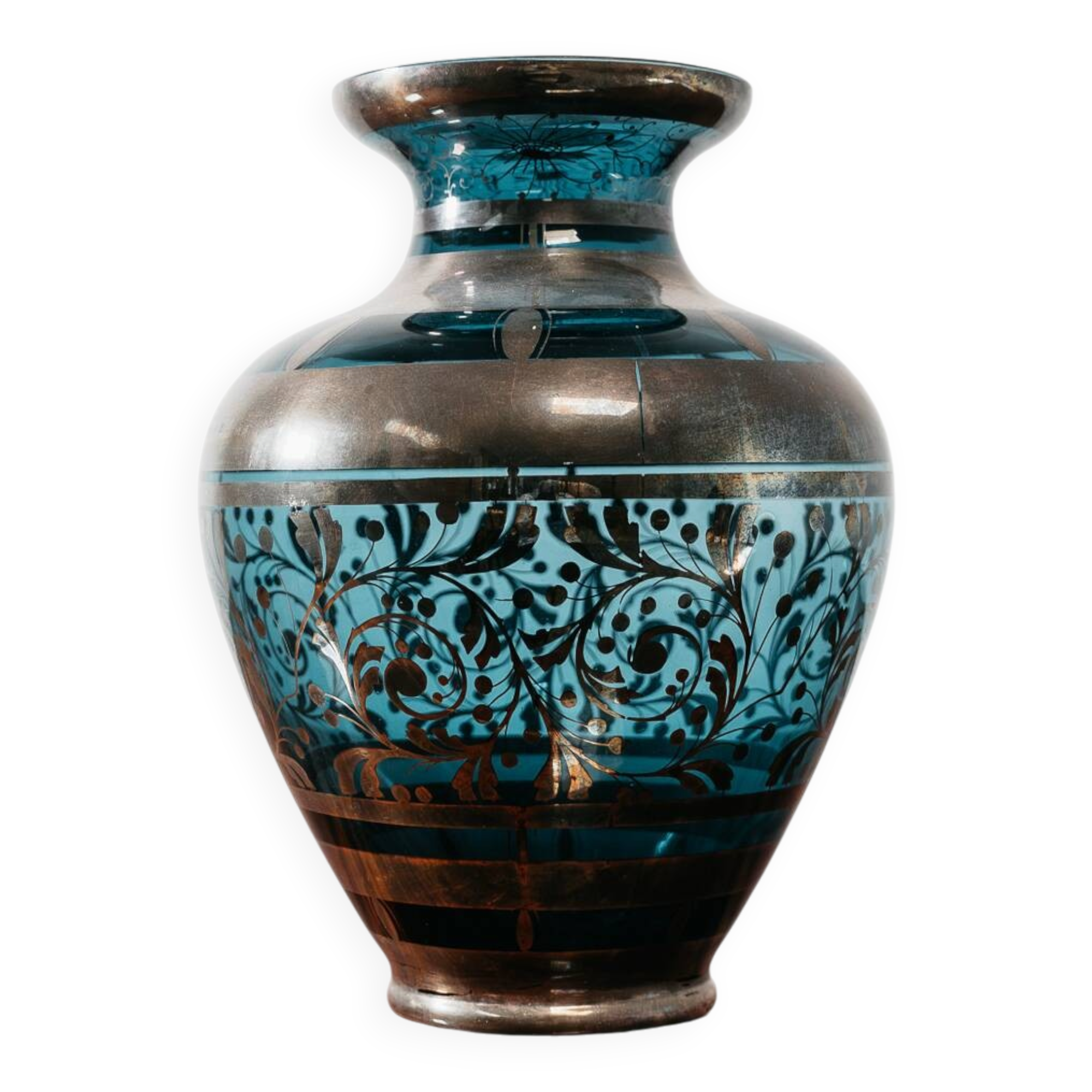 Vaso In Vetro E Argento Overlay American Art Decó 1940’s Design