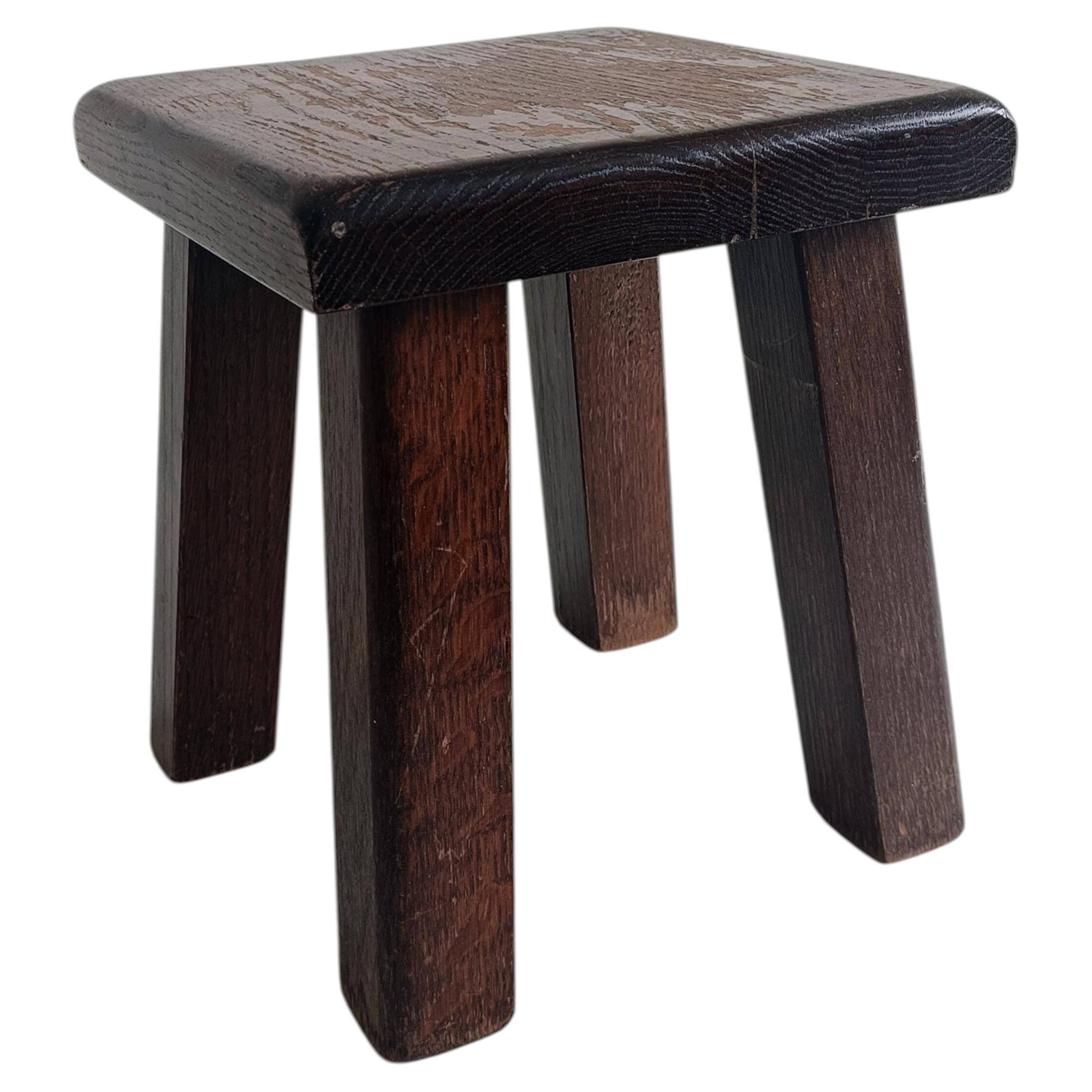 Vintage Rustic French Oak Stool in Pierre Chapo Style, Early 20th-C