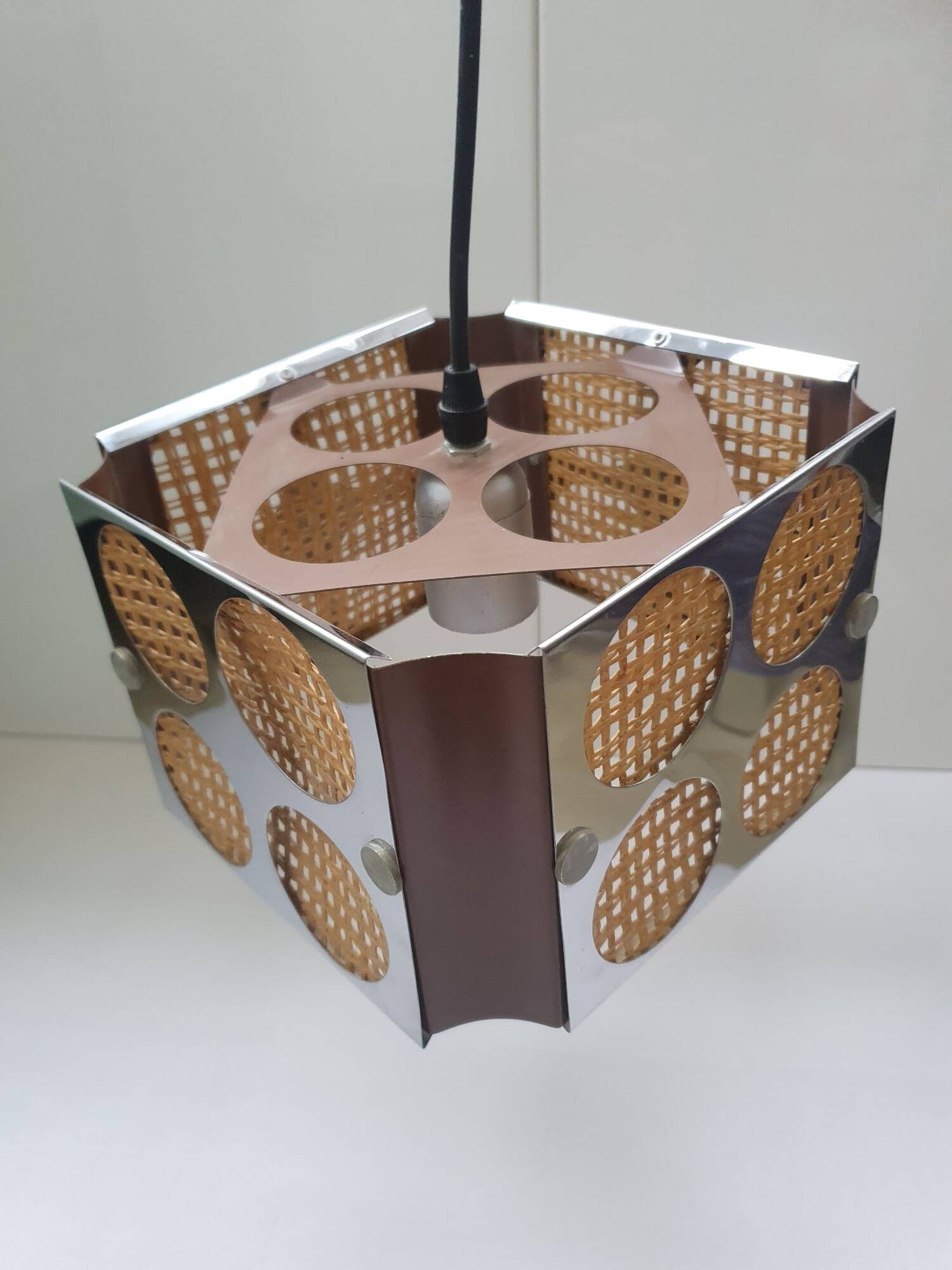 Two square metal chrome cane hanging lamps from the 70s