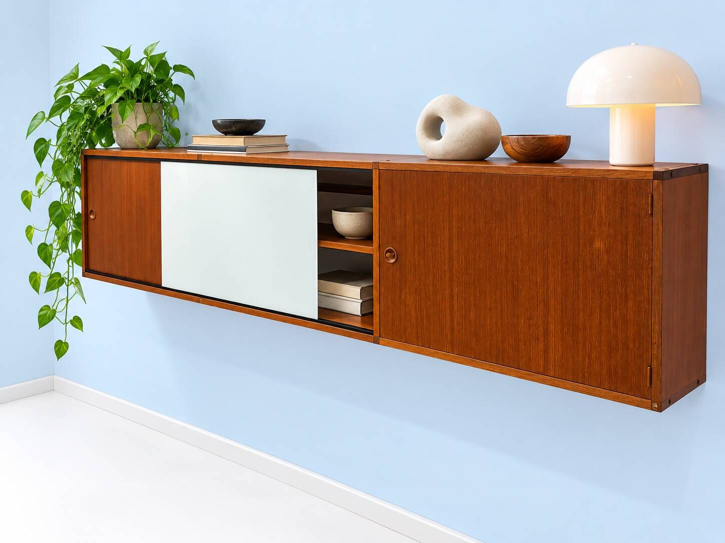 A.R.P. – Wall-mounted furniture in teak and opaline glass, 1950s