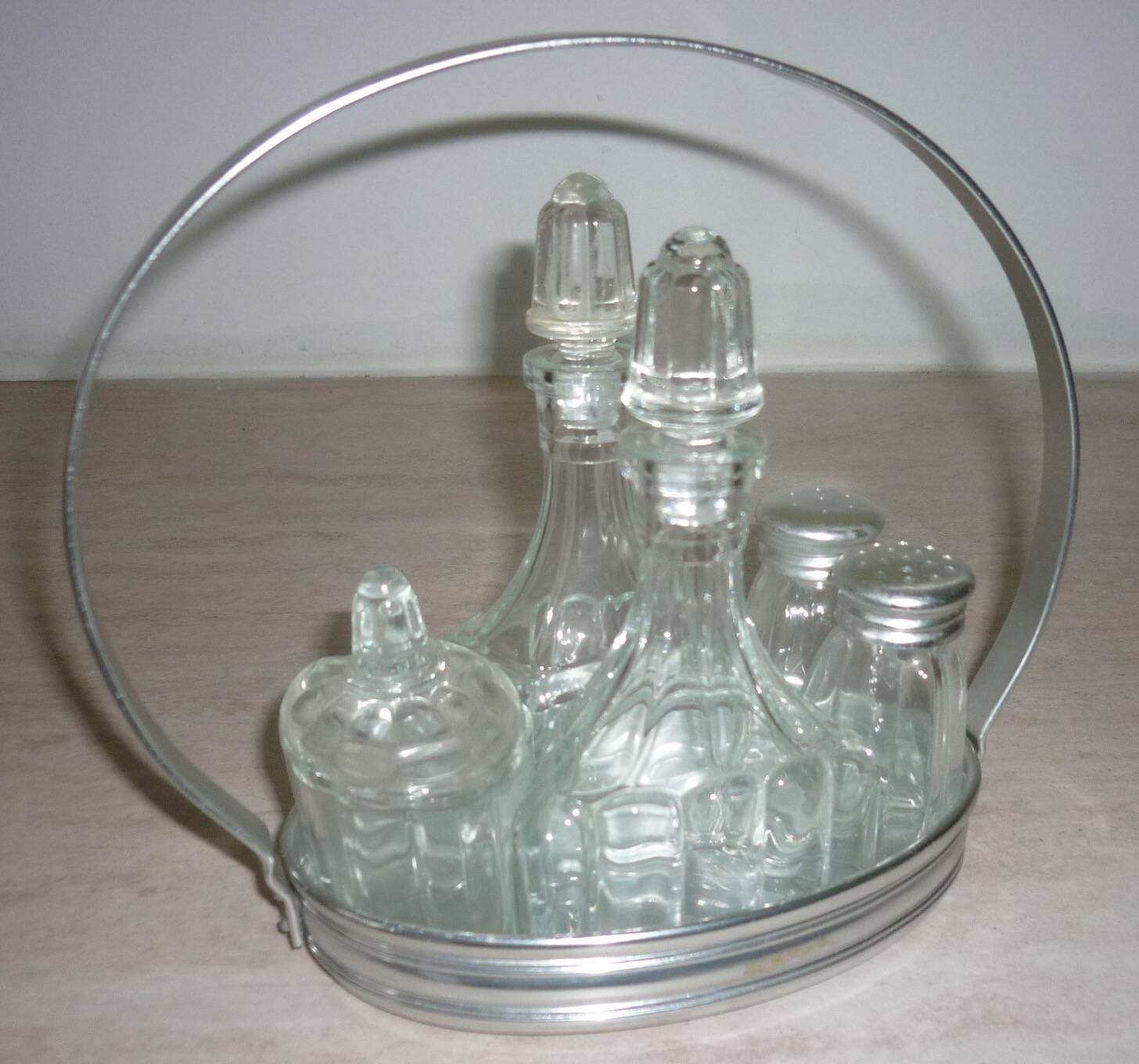 Oil vinegar salt pepper and mustard condiment server