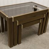 Set of 3 elm and smoked glass nesting tables 1970