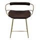 Sculptural bar stool with a brass metal backrest and dark brown leather.