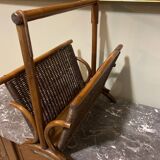 Wicker and brown wood magazine rack