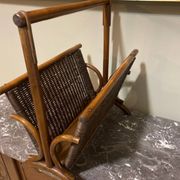 Wicker and brown wood magazine rack