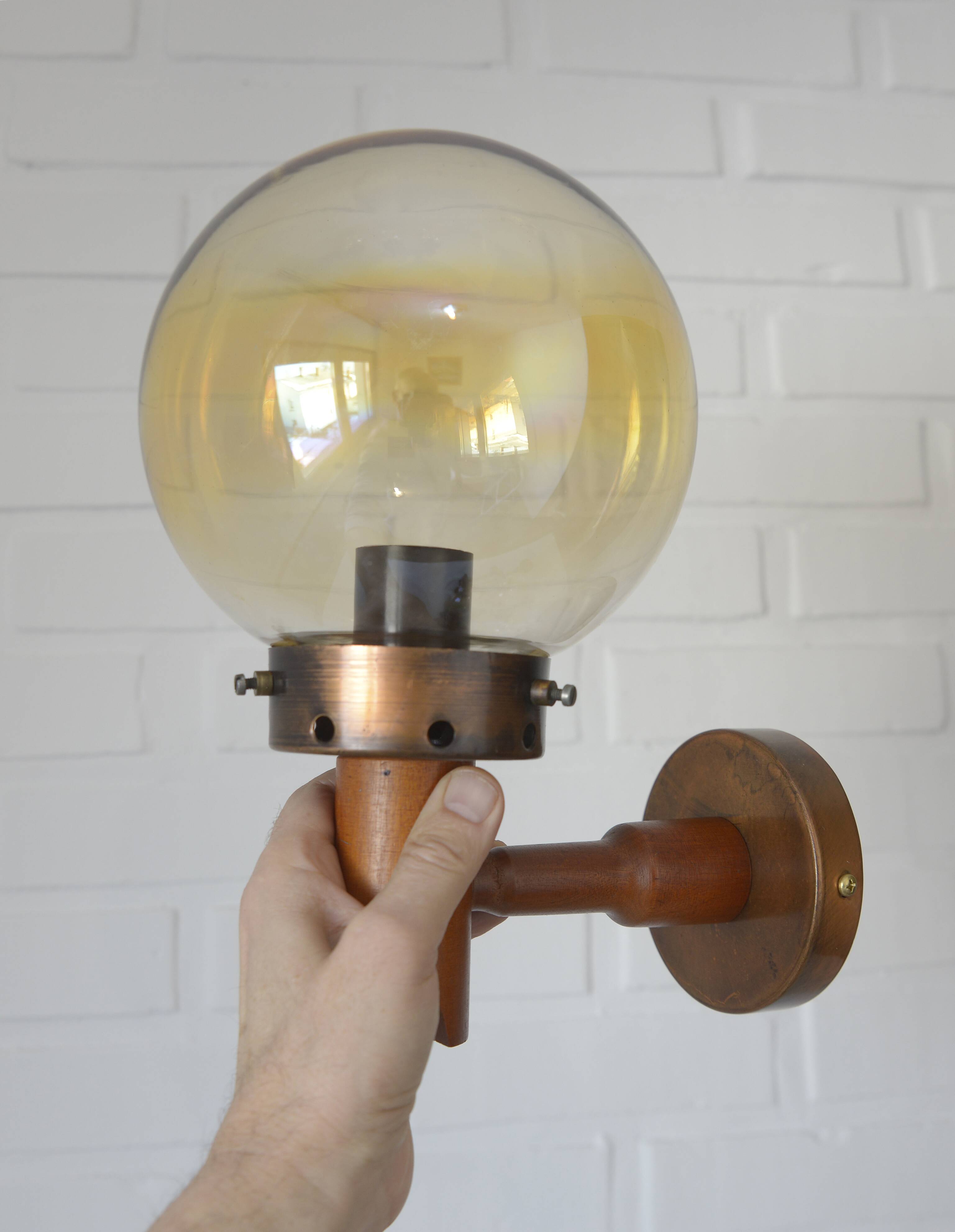 1 of 6 vintage wall lamps, rustic sconces, wood and copper amber glass 1980