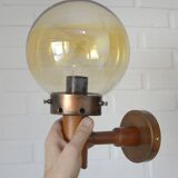 1 of 6 vintage wall lamps, rustic sconces, wood and copper amber glass 1980