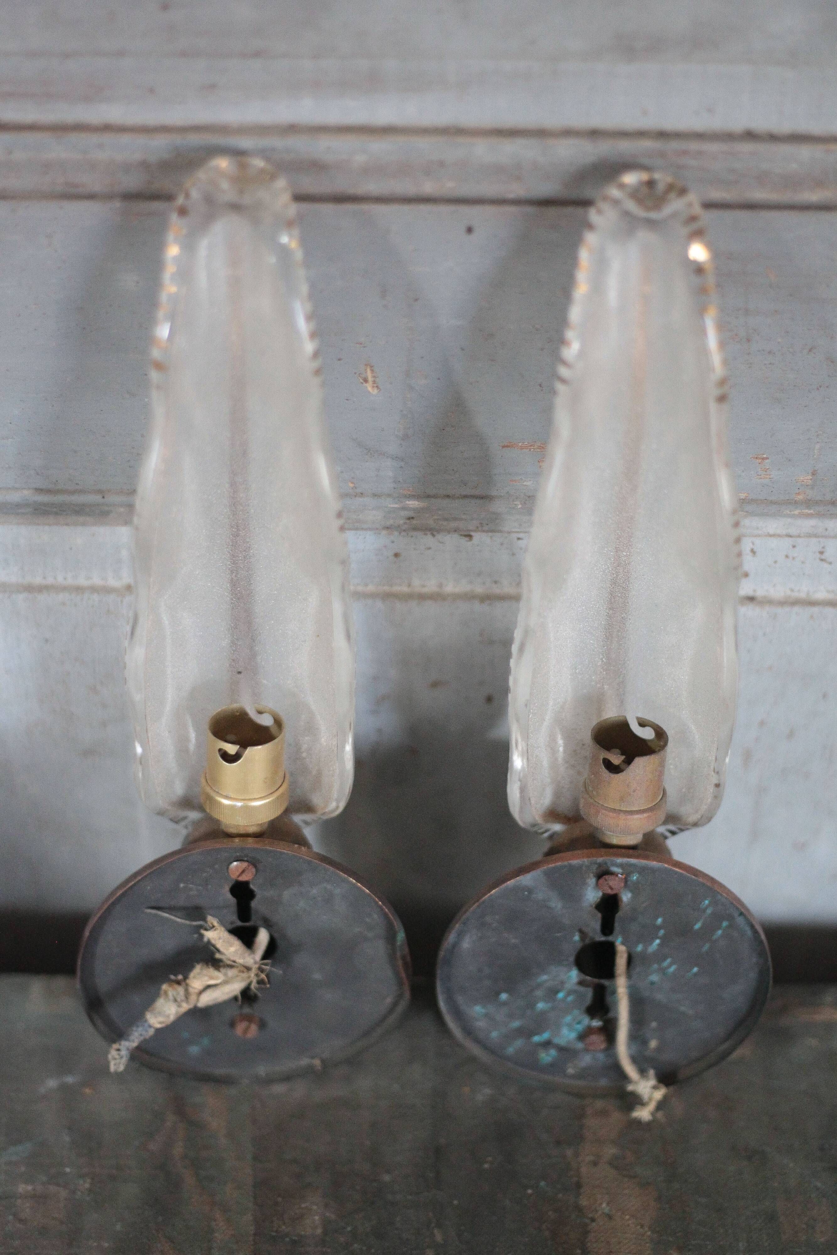 Pair of wall lights, vintage wall lamp, green patina brass wall sconce.