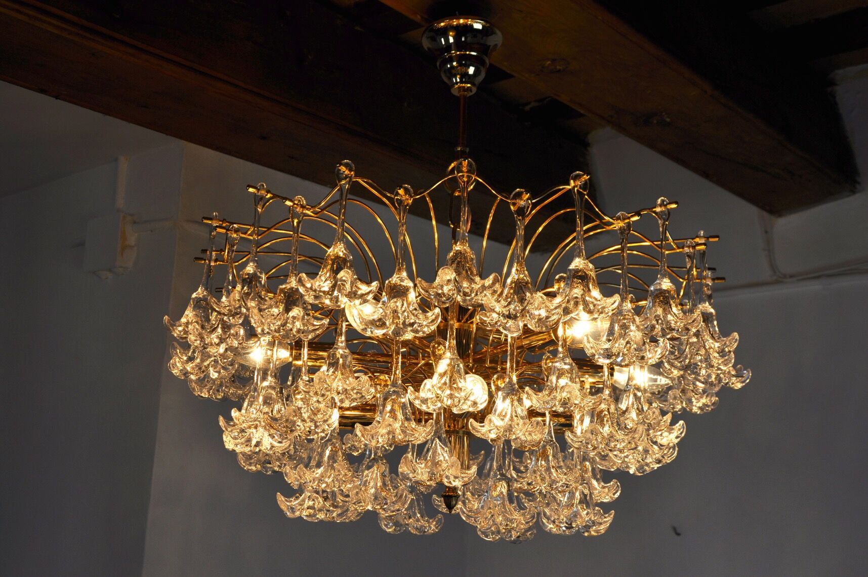 Lustre, 3 levels, crystal flowers, Italy 1970